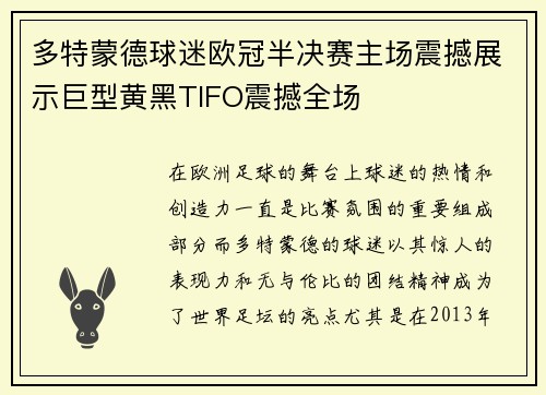 多特蒙德球迷欧冠半决赛主场震撼展示巨型黄黑TIFO震撼全场